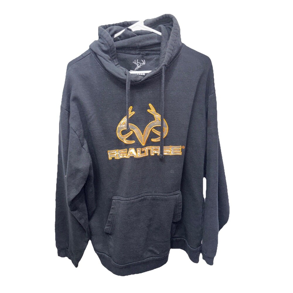 Realtree Hoodie Black Appliqué camo Embroidered Logo L Staghorn Pocket